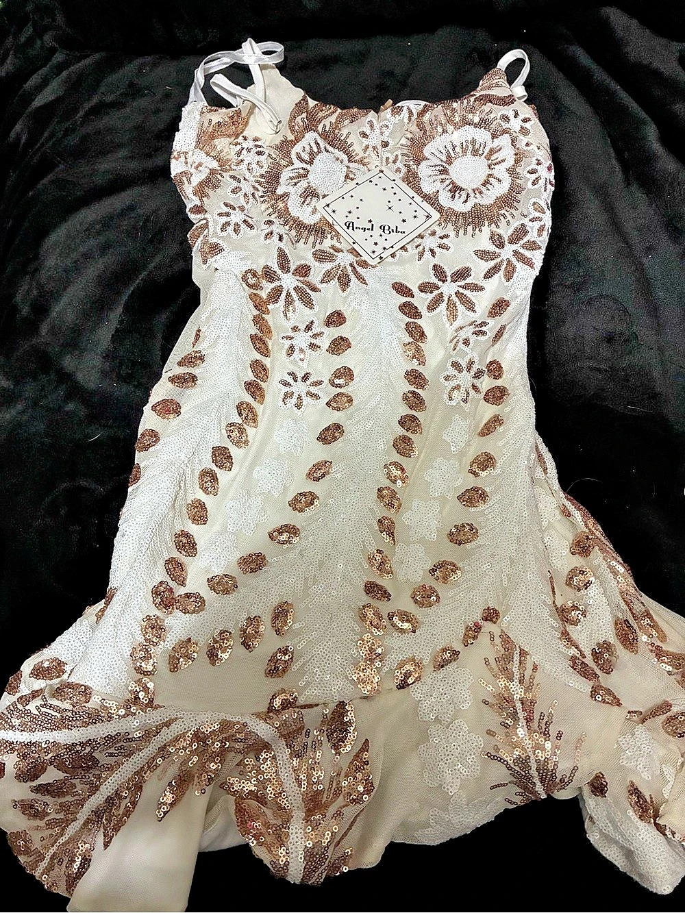 Angel Biba Floral Sequin Mini Dress in White & Brown NTW